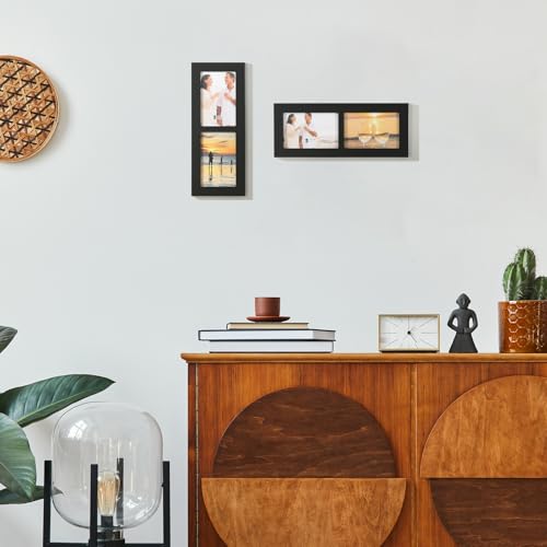 6x4 2-Opening Collage Picture Frame Black Wood | Two 4x6 openings, shatter-resistant glass, tabletop & wall mount - size: 6x4 - 2 Opening
