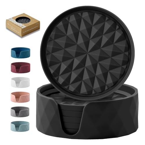 Silicone Drink Coasters Set of 6, Desk Cup Coaster | Prevents Condensation&Spills, Non-Slip, Reusable&Easy Clean, Diamond Pattern, Stylish Office&Home Decor, Gift idea, Black - color: Black, size: 6×3.9inches