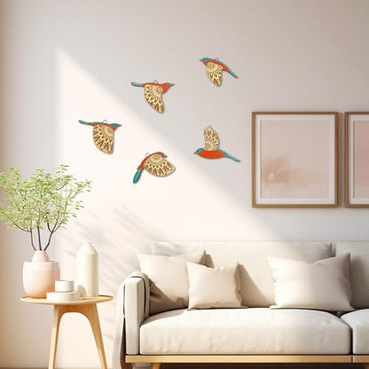 Vumyhuby 5-Piece Teal Wooden Bird Wall Art, Rustic Folk Flying Bird Decor - color: Teal