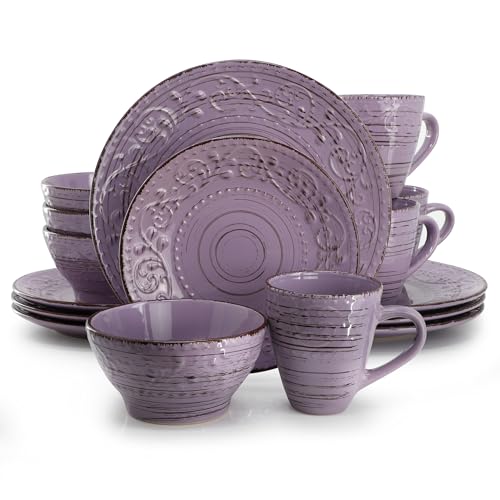 Elama Malibu Mica 16-Piece Stoneware Embossed Pattern Reactive Glaze Purple Dinnerware Set, Tableware, Serveware Set (Mica Purple) - color: Mica Purple