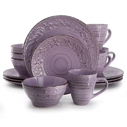 Elama Malibu Mica 16-Piece Stoneware Embossed Pattern Reactive Glaze Purple Dinnerware Set, Tableware, Serveware Set (Mica Purple) - color: Mica Purple