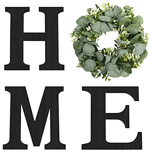 Wood Home Sign with Eucalyptus Wreath for O Home Decor Wall Decor | Hanging Farmhouse Wall House Decor Wood Letters for Wall Art Rustic Home Decor Wall Decor Living Room Kitchen Entryway Black - color: Black+Eucalyptus, size: 9.8L" x 9.8W"