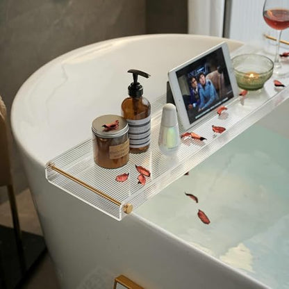 Bathtub Caddy Tray for Luxury Bathroom Bath tub Table Caddy Tray Shelf for Shower with Gold Handles fits All bathtubs - color: Ripple - With Handle