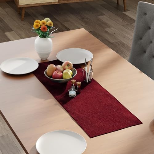 Encasa XO Table Runner 2 Seater, Soft Chenille 13"x36" | Scarlet Red, Woven Rib Texture | Machine Washable | Colorfast & Shrink Resistant | Durable Polyester Yarns - color: Scarlet Red, size: 13x36 in