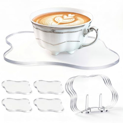 Cinnvoice 4 Pcs Acrylic Coasters Decorative Plates Clear Cloud Shape Coffee Cup Coaster with 1 Pcs Holder Decorative Plates Clear Coaster for Home Office Desk, Accessory for Desktop Protection