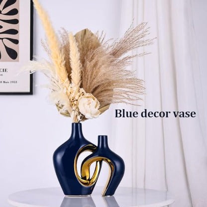 Ceramic Vases Set - Small Blue Vases for Farmhouse, Living Room, Table and Fireplace Decor