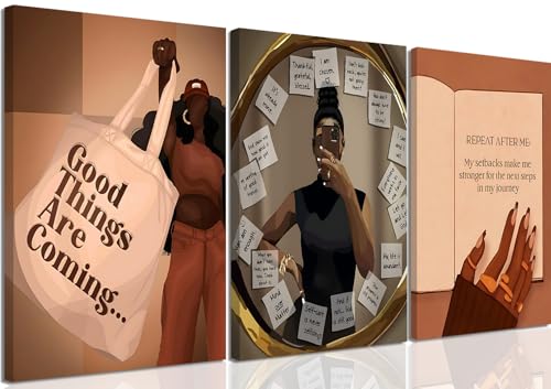 Yudinbin Black Girl Wall Art Set of 3, African American Woman 16x24 Framed | Fashion Abstract Black Woman Canvas Prints Add Bold Modern Style to Living Rooms, Bedrooms, Offices, and Gallery Walls - color: black woman canvas, size: 24L" x 16W"