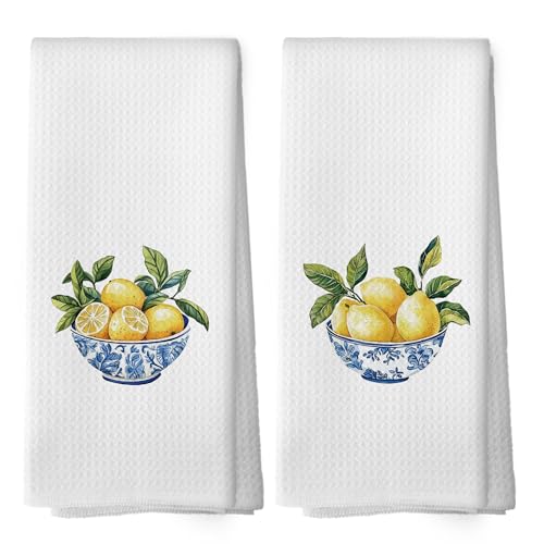 Chinoiserie Lemon Kitchen Towels Set of 2, Blue and White Porcelain Hand Towel, Grand Millennial Home Dining Room Decorative Tea Towel Dish Towels 16x24 Inch - color: Color 17