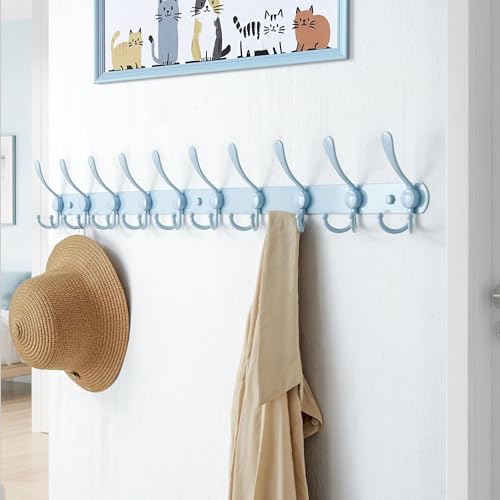 Coat Rack Wall Mount - 38” Long 10-Tri-Hooks Heavy Duty Coat Hanger Rail Wall Hooks for Hanging Coats Hats Clothing Clothes Purse Mudroom Entryway, Blue - color: Blue, size: L=38” (1 Pcs)
