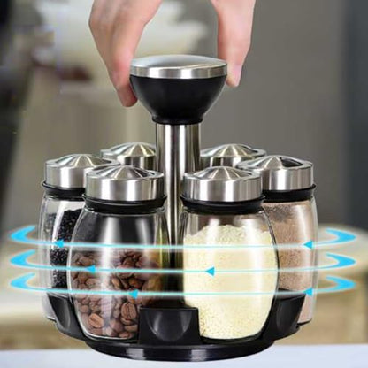 Spice Jars with Rack, Revolving Spice Rack Organizer Countertop Stainless Steel Seasoning Rack Set with 6 Glass Jar Bottles Set for Home Kitchen (Single layer)