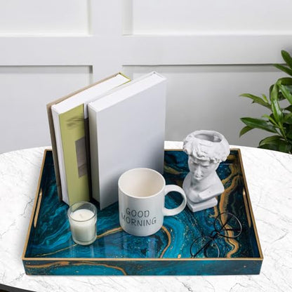 Blue Serving Trays, Plastic Rectangular Serving Tray with Handles | Rectangle Coffee Table Trays, Modern Marbling Sticker Trays, Melamine Tray for Ottoman, Kitchen Countertop, 15.6” x 11.8” - color: Blue, size: 15.6" x 1.6" x 11.8"