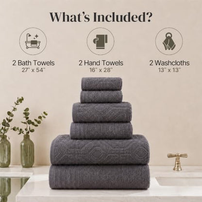 Modern Threads 6 Piece Cotton Bath Towel Set – Ultra Soft 550 GSM Towels – Bathroom Set with Hand Towels and Washcloths – Geometric (Charcoal) - color: Charcoal, size: Standard, style: Geometric