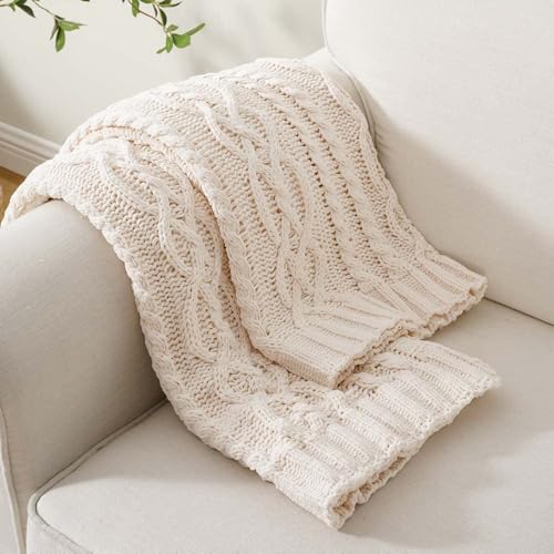 Battilo Cream White Ivory Throw Blanket for Couch, 51x 67 Inch, Woven Chenille Knit Throw Blanket for Chair, Super Soft Warm Decorative Textured Throw Blanket for Bed, Sofa and Living Room. | White Throw Blanket, Ivory Knit Blanket, Soft Woven Chenille Kn