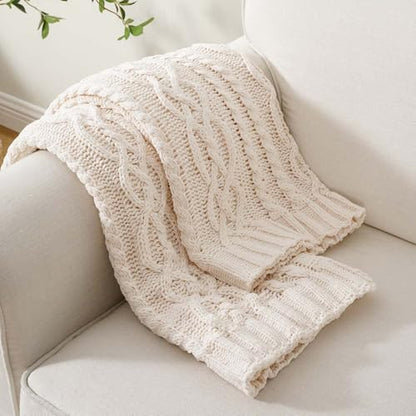 Battilo Cream White Ivory Throw Blanket for Couch, 51x 67 Inch, Woven Chenille Knit Throw Blanket for Chair, Super Soft Warm Decorative Textured Throw Blanket for Bed, Sofa and Living Room. | White Throw Blanket, Ivory Knit Blanket, Soft Woven Chenille Kn