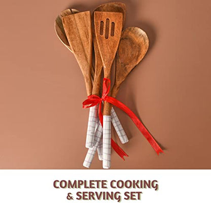 Folkulture Wooden Spoons for Cooking,Kitchen Utensils Set of 5(12") | Smooth Finish, Soft, Comfort, Durable, Non Toxic, Non Stick, Acacia Wooden Spoons, Cooking Gifts for Women,Kitchen Essentials - color: White Check