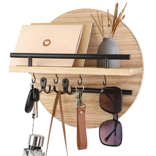 Gurfuy Key Holder for Wall with Shelf - Wood Mail Organizer and Rack with Shelf Hooks Wall Mounted for Entryway Decor Magazines Letter Storage Farmhouse Living Room Bedroom Doorway (Nature) - color: Nature