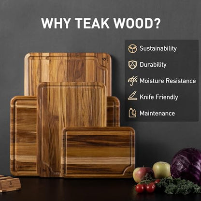 4 Pack Teak Wood Cutting Board Set for Kitchen Heavy Duty Non Toxic Non Slip Solid Thick Wood Haus Chopping Board Extra Large Big Small Meat Best Essential House Warming Hostess Host Gift - style: Set of 4 with Holder