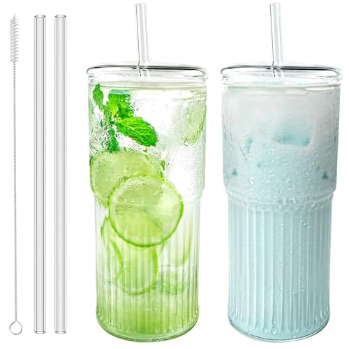 Luiaiog Glass Cups with Lids and Glass Straws, High Borosilicate 20OZ Tumblers (2Pcs) for Coffee, Tea, Juice, Smoothies, Hot/Cold Drinks at Home, Office（Creative Drink Label Design） - color: Creative Label 2pcs 20oz