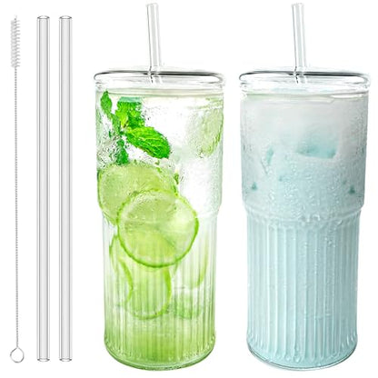 Luiaiog Glass Cups with Lids and Glass Straws, High Borosilicate 20OZ Tumblers (2Pcs) for Coffee, Tea, Juice, Smoothies, Hot/Cold Drinks at Home, Office（Creative Drink Label Design） - color: Creative Label 2pcs 20oz