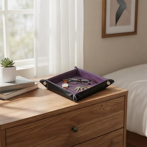 Valet Tray Desktop Storage Organizer – Vegan Leather Catchall Tray Bedside Vanity Tray Nightstand Caddy Holder for Remote Controller, Watch, Keys, Phone, Wallet, Coin, Jewelry, Purple - color: Purple