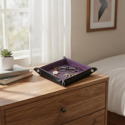 Valet Tray Desktop Storage Organizer – Vegan Leather Catchall Tray Bedside Vanity Tray Nightstand Caddy Holder for Remote Controller, Watch, Keys, Phone, Wallet, Coin, Jewelry, Purple - color: Purple