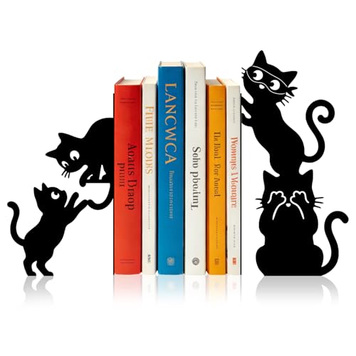 Sanwarm Bookends, 2 Pcs, Metal, for Home Office Desk Shelves Cat Black | Funny Decorative Book Ends Non-Skid Book Stoppers Holder 1 Pair Gifts for Reading Enthusiasts Library Decor - color: Black Cat 1