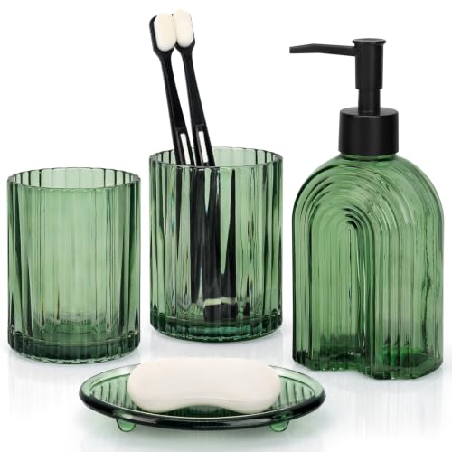 Bathroom Accessories Set, 4Pcs Glass Bathroom Accessories Sets Complete 11.6oz Soap Dispenser, Toothbrush Holder, Mouthwash Cup, Soap Dish for Bathroom Decor, Countertop Organizer (Sage Green) - color: Green Thin Rainbow