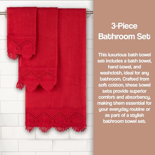 Zahari Home 3 Piece Laced Towel Set - Stylish Soft Plush Cotton Towels with Hand Towel & Washcloth - Highly Absorbent Towels for Bathroom, Gym, Hotel & Spa (Crochet Red) - color: Crochet-red