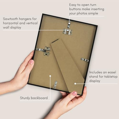 Americanflat 8.5x11 Picture Frame with Shatter-Resistant Glass - Streamline Collection - Thin Border Photo Frame for Tabletop and Wall Display - Hanging Hardware and Easel Stand Included - Black | Shatter-resistant glass, wall or tabletop display with inc