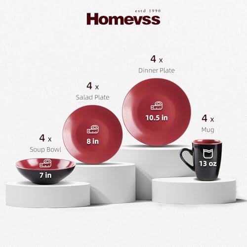 HomeVss Colors Life 16pc Dinnerware Set，Shiny Black and Matte Berry - color: Berry, size: 16pc Set