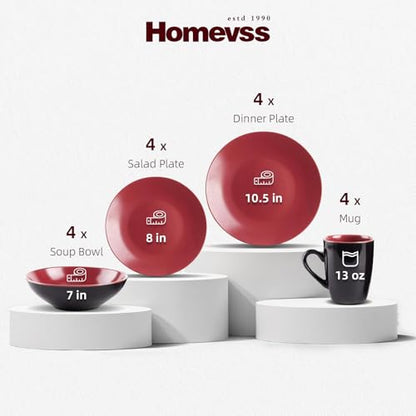 HomeVss Colors Life 16pc Dinnerware Set，Shiny Black and Matte Berry - color: Berry, size: 16pc Set