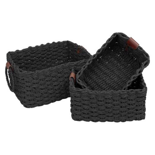 Paper Rope Storage Baskets Set of 3, Handwoven Decorative Wicker Organizer Bins with Handles for Shelves, Bathroom, Closet & Pantry, Soft Woven Nesting Storage Basket Set (Black) - color: Black