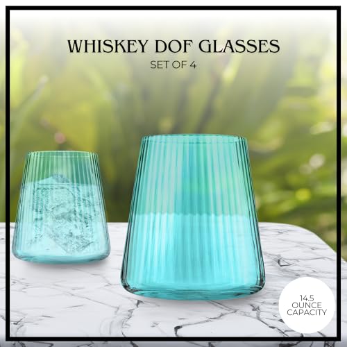 ARTLAND Soho Optic 14.5 oz Double Old Fashion Glass, Set of 4 - Whiskey, Cocktail, Rocks, Barware Drinking Glasses - Elegant Design, Durable Construction, Versatile Use, Dishwasher Safe (Turquoise) - color: Light Turquoise, style: Double Old Fashion Glass