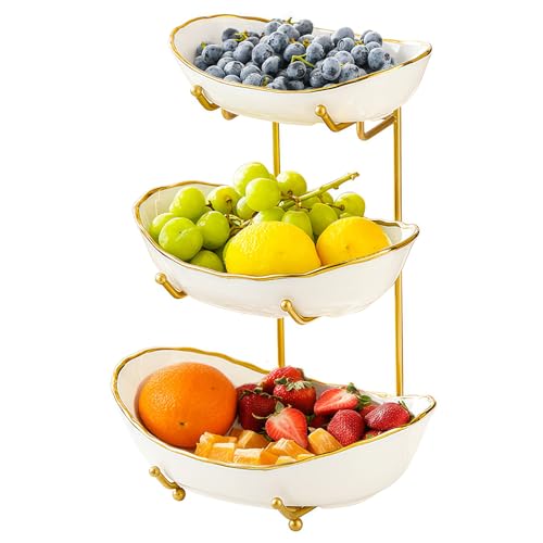 Ceramic Fruit Bowl for Kitchen Counter - 3 Tier Fruit Basket with Metal Stand, Tiered Fruit Stand for Countertop, Snack, Nuts, Cake, Dessert, Cute (Gold-rimmed, Small) - color: Gold-rimmed, size: Small