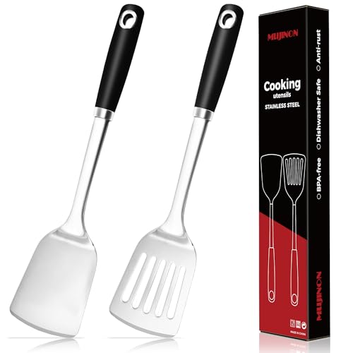 14-in Spatula Set, 18/0 Stianless Steel Heavy Duty Turner & Slotted Spatula, Kitchen Cooking Utensils Set, High Heat Resistant, Grilling Frying Serving Food, Pack of 2 - color: Black, size: 2PCS-Spatulas set