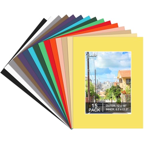 15 Pack 12x16 Picture Mats for 9x12 Photos, Mixed Colors, Beveled | 1.2 mm Thick Mat Board, Cream Core, Beveled Cut, Protects Photos and Artwork, for Frames, Galleries, Offices, Schools - size: 12x16 for Photos 9x12