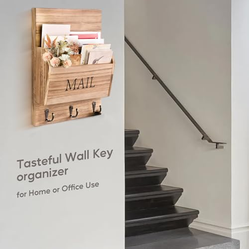Tefola Wall Mount Mail Organizer with Key Hooks - Wooden Mail and Key Organizer, Letter Holder with 3 Hooks for Entryway Bedroom, 10.6 x 13.6 inches