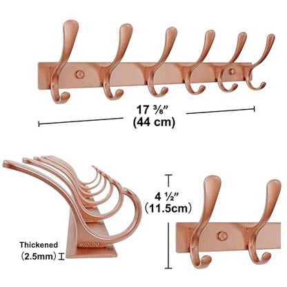 SKOLOO Coat Rack Wall Mounted - 6 Hooks, Pack of 2, Heavy Duty, Stainless Steel, Metal Wall Hanger, Sturdy Coat Hooks for Hanging Coats, Jacket, Clothes, Hat, Matte Rose Gold - color: Matte Rose Gold, size: 6 Hook(2 Pack)