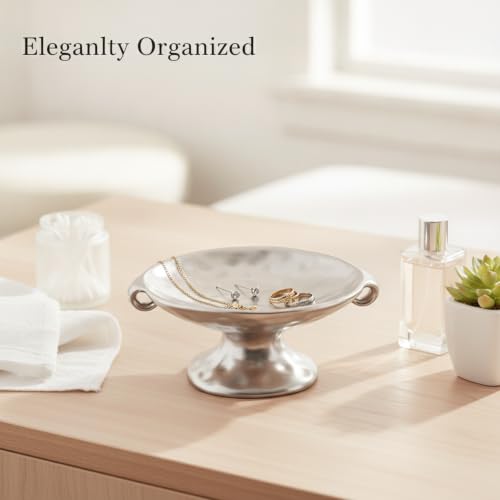 Glazed Ceramic Jewelry Tray for Vanity, Dresser, or Entryway Organization - Silver