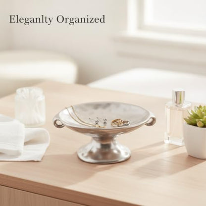 Glazed Ceramic Jewelry Tray for Vanity, Dresser, or Entryway Organization - Silver