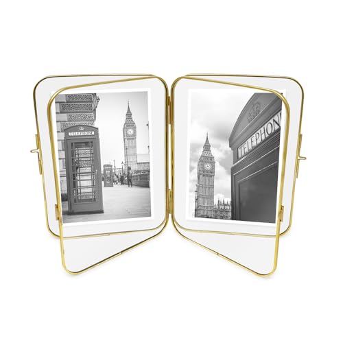 Isaac Jacobs 5x7 Gold Double-Sided Metal Floating Photo Frame w/ClaspLock | Double-Sided Round-Edged Brass & Glass Metal Floating Picture Frame Locket Closure (Vertical), Tabletop (5x7, Antique Gold) - color: Antique Gold, size: 5x7