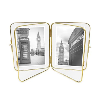 Isaac Jacobs 5x7 Gold Double-Sided Metal Floating Photo Frame w/ClaspLock | Double-Sided Round-Edged Brass & Glass Metal Floating Picture Frame Locket Closure (Vertical), Tabletop (5x7, Antique Gold) - color: Antique Gold, size: 5x7