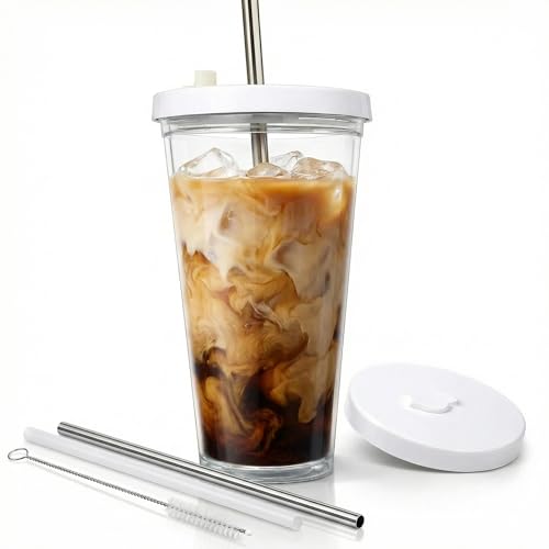Reusable Iced Coffee Cup with Lid and Straw, 24 oz/Venti, BPA-Free Double-Wall Insulated Plastic Tumbler for Cold Drinks, Includes Clear Plastic Straw, Stainless Steel Straw and Cleaning Brush, White - color: White, size: 24 Ounces