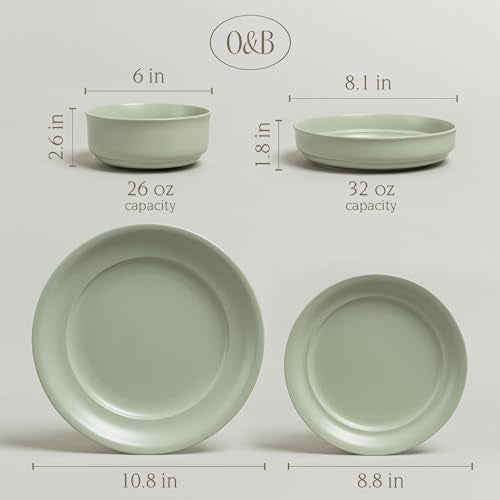 over&back Rim Dinnerware Set - Stoneware Dishes - Comes with 4 Dinner Plates, Salad Plates, Cereal Bowls, and Dinner Bowls - 16-Piece All-Occasion Place Settings - Serves Four - Semi-Matte Sage - color: Sage, size: Dinner Set | 16 Pieces