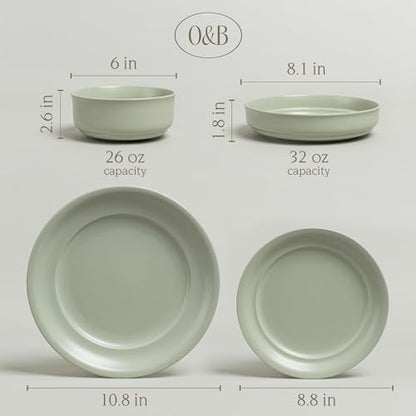 over&back Rim Dinnerware Set - Stoneware Dishes - Comes with 4 Dinner Plates, Salad Plates, Cereal Bowls, and Dinner Bowls - 16-Piece All-Occasion Place Settings - Serves Four - Semi-Matte Sage - color: Sage, size: Dinner Set | 16 Pieces