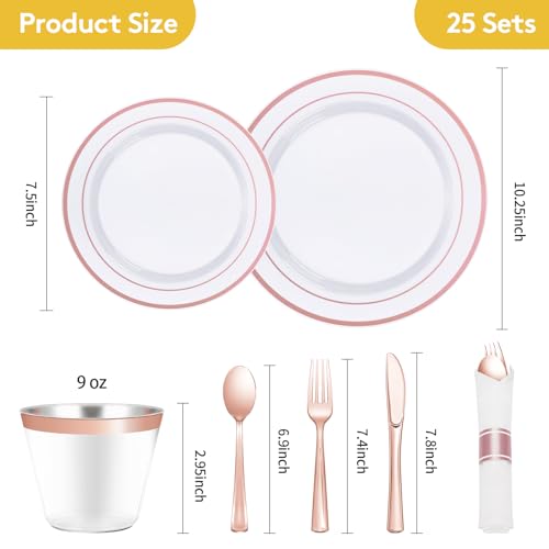 175 Piece Rose Gold Plastic Dinnerware Set for 25 Guests | Disposable Dinnerware Includes: 25 Dinner Plates, 25 Dessert Plates, 25 Pre Rolled Napkins with Silverware, 25 Cups - color: Rose Gold, style: 175 Piece (25 guests)