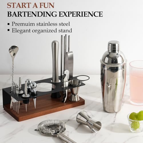 23-Piece Cocktail Shaker Set with Stand, 304 SS, Bartender Kit Gift | Complete Home Bar Set: Leak-proof Shaker, Jigger, Muddler, 18/8 Steel, Gift for beginners, cocktail lovers & house parties - color: Brown