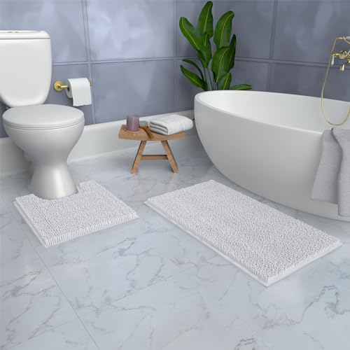 LuxUrux Bathroom Rugs Sets 2 Piece: Quick Dry, Soft Plush Anti-Slip, Super Absorbent. Includes Rectangular (31x20 inches) & U-Shaped Toilet Mat (20x20 inches) | White - color: White, size: 2 Piece Set