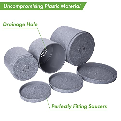 D'vine Dev 3-Pack Plastic Pots, 6.5/8/10 in, Speckled Gray, 74-V-G-4 | Multi-Size Options, Lightweight Durable, Matte Finish, Cylinder Shape, Drainage Holes, Sleek Design, Detachable Saucer - color: Speckled Gray, size: Large