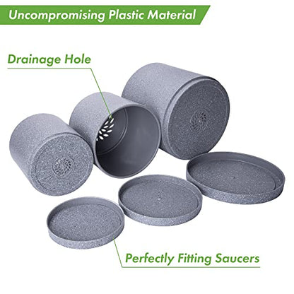 D'vine Dev 3-Pack Plastic Pots, 6.5/8/10 in, Speckled Gray, 74-V-G-4 | Multi-Size Options, Lightweight Durable, Matte Finish, Cylinder Shape, Drainage Holes, Sleek Design, Detachable Saucer - color: Speckled Gray, size: Large